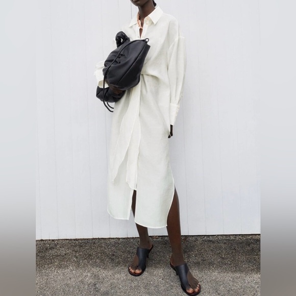 Zara oyster off white ivory shirt dress long mid knot waist bow blogger vacay S - Picture 5 of 11